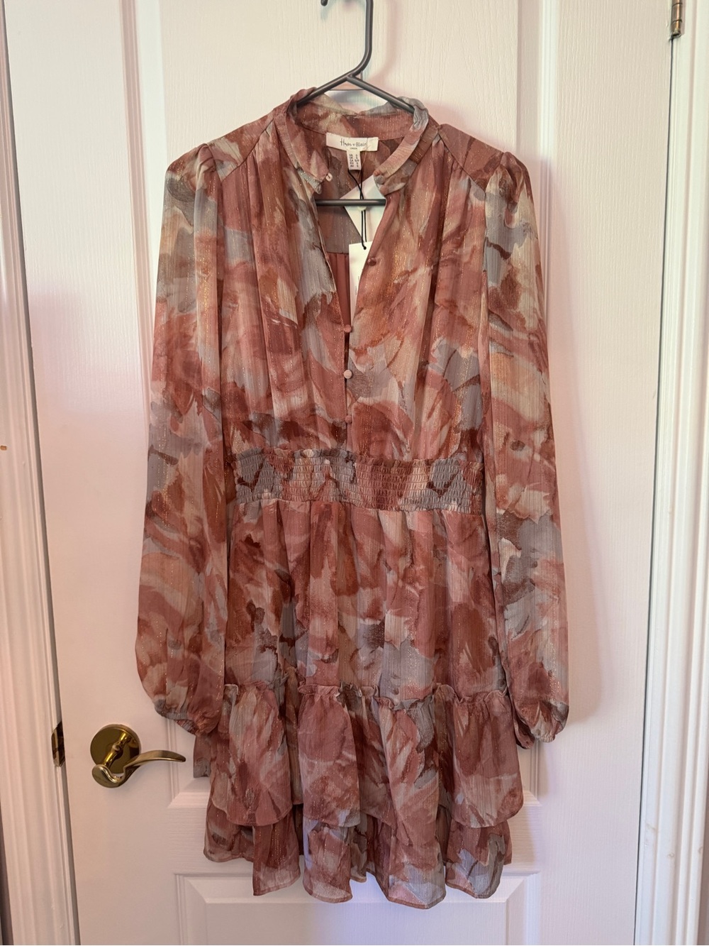 Haver+Blair.Dusty Rose Floral Chiffon Long-Sleeve Dress